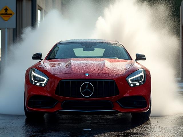 Shiny car driving out of a car wash with water beads
