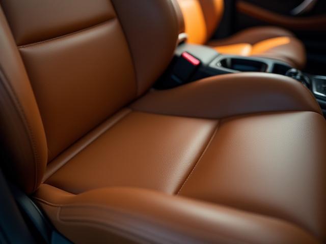 Close-up of freshly conditioned leather car seats