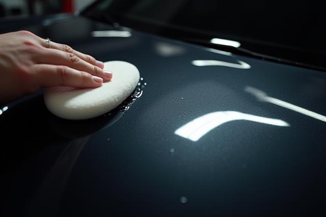 Hand applying ceramic coating to a shiny car surface